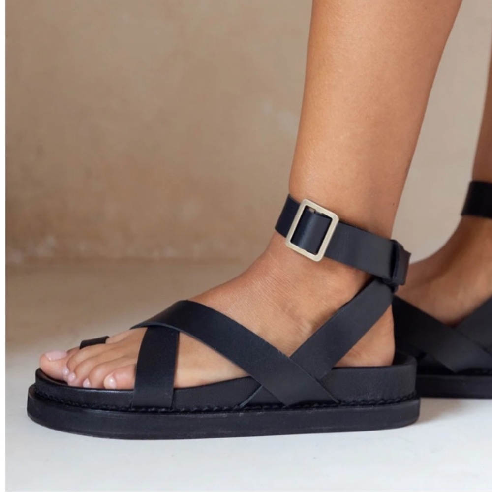 Women's Black Leather Strappy Sandals with Buckle